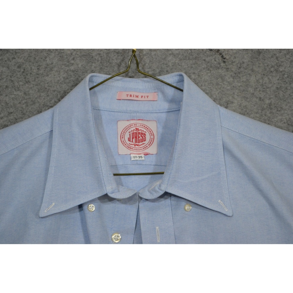 VTG J. Press Dress Shirt Mens 17 35 Blue Oxford Solid Trim Fit Long Sleeve USA
